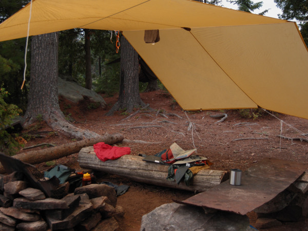 tarp at small island campsite on Catfish Lake in Algonquin Park