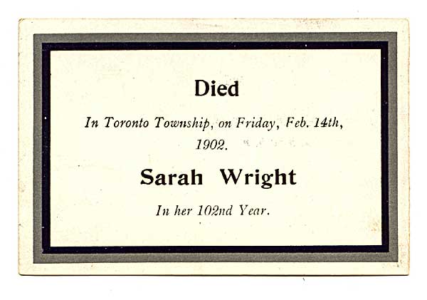 back of funeral card announcing death of Sarah Wright on February 14, 1902