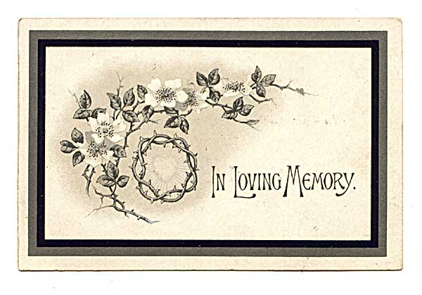 front of funeral card announcing death of Sarah Wright on February 14, 1902