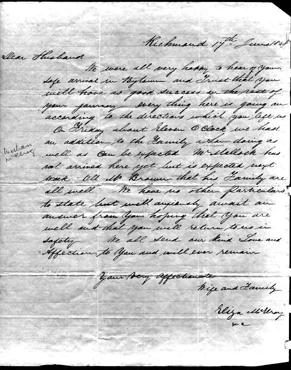 Letter from Eliza Craig to Patrick McElroy announcing the birth of William McElroy
