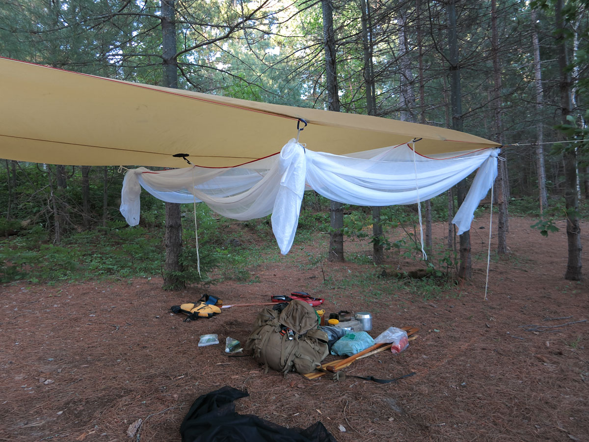 Tied up bug net due to the wind on Cedar Lake in Algonquin Park