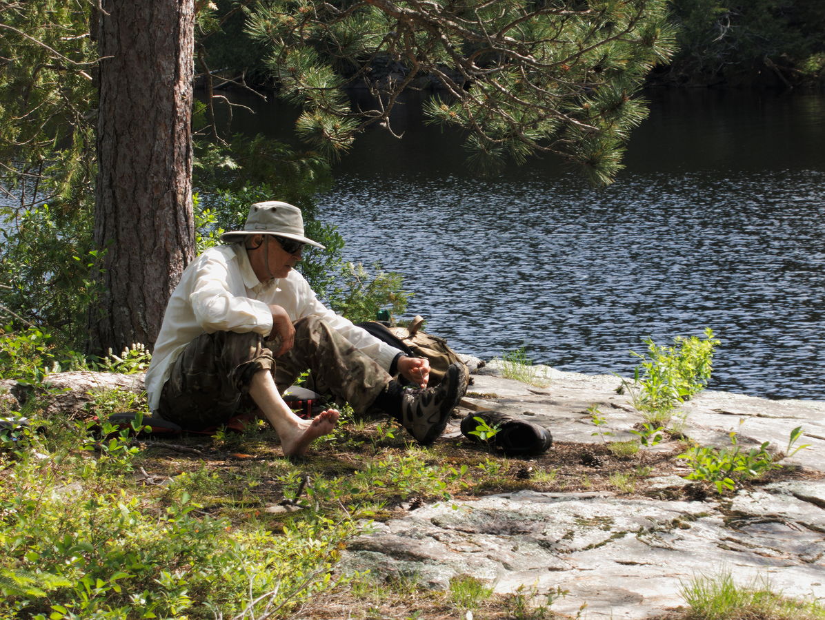 Drying a wet foot on High Falls Lake