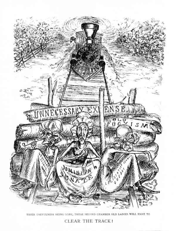 J.W. Bengough cartoon: Clear The Track