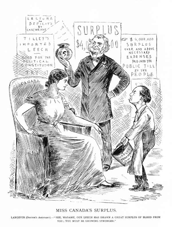 J.W. Bengough cartoon: Miss Canada's Surplus