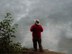 Contemplating the view from our campsite on Whitson Lake in Algonquin Park
