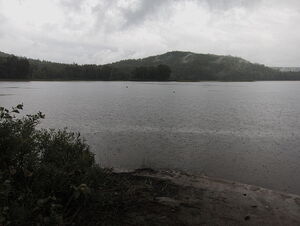 The big hill on Whitson Lake through the rain