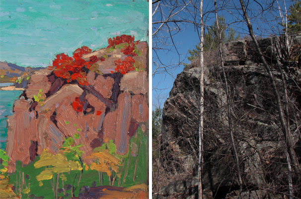 Composite of tom Thomson sketch and corresponding photograph