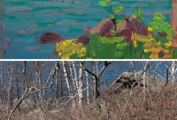 Composite of tom Thomson sketch and corresponding photograph